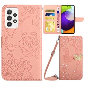 For Samsung Galaxy A52 4G / 5G / A52s 5G fallsikker telefonveske i PU-skinn Butterfly Flowers påtrykt Stand med rhinestone-dekor Beskyttende deksel med skulderstropp