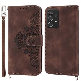 For Samsung Galaxy A52 4G / A52 5G / A52s 5G påtrykte blomster PU lær Flip Case Stand Flere kortspor Skin-touch deksel med håndleddsstropp og skulderstropp