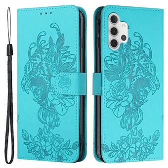 Imprint Tiger Head Flower Leather Wallet Stand Telefonveske for Samsung Galaxy A32 4G (EU-versjon)