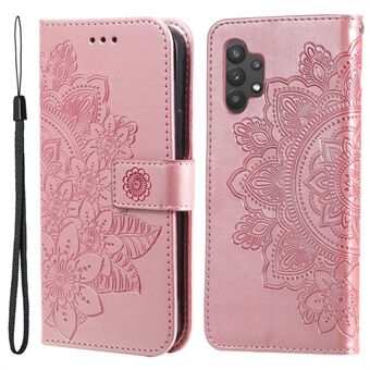 PU Leather Imprint Flowers Pattern Lommebok telefonveske med snor for Samsung Galaxy A32 4G (EU-versjon)