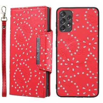 For Samsung Galaxy A32 4G (EU-versjon) Skinnlommeskall for mobiltelefon med glitter-blomsterblad påtrykt, avtakbar beskyttelsesveske