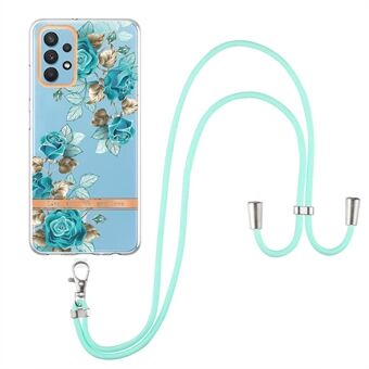 YB IMD-9-serien galvanisert TPU-telefondeksel for Samsung Galaxy A32 4G (EU-versjon), lanyard-design blomstermønster IMD IML mobiltelefondeksel