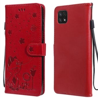 KT Imprinting Flower Series-4 Cat and Bee Pattern Imprinting Leather Wallet Stand med magnetisk lukking for Samsung Galaxy A22 5G (EU-versjon)