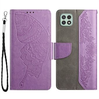 For Samsung Galaxy A22 5G (EU-versjon) Butterfly Flower-påtrykt lommebok telefonveske Scratch Folio Flip-beskyttelsesdeksel med Stand