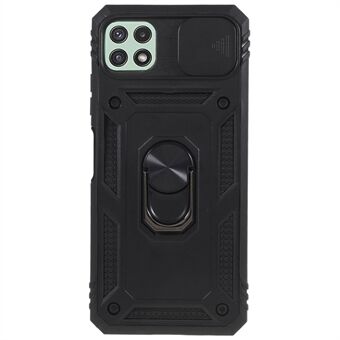 For Samsung Galaxy A22 5G (EU-versjon) skyve kameralokk Kickstand Design telefonveske PC+TPU støtsikkert bakdeksel med indre kortholderfunksjon