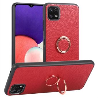 For Samsung Galaxy A22 5G (EU-versjon) Ring Kickstand Telefonveske PU-skinn+PC+TPU Litchi Texture Shell Fungerer for magnetisk bilfeste