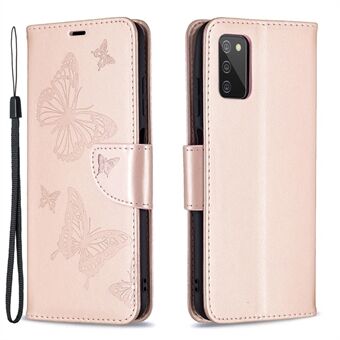 Imprint Butterfly Flower PU-skinn Magnetic Flip Folio lommebokveske med håndleddsstropp for Samsung Galaxy A03s (166,5 x 75,98 x 9,14 mm)