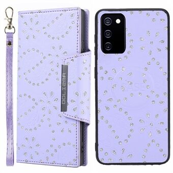 Glitter-blomsterblad påtrykt PU-skinn Avtagbart anti-slipp telefondeksel Shell lommebokveske for Samsung Galaxy A03s (166,5 x 75,98 x 9,14 mm)