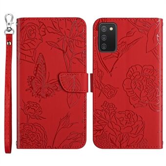 Lommebok-telefonveske for Samsung Galaxy A03s (166,5 x 75,98 x 9,14 mm) Støtsikker Soft Touch PU-lærdeksel med sommerfugler, trykket mønster, antiskli stativ og stropp.