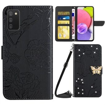 For Samsung Galaxy A03s (166,5 x 75,98 x 9,14 mm) Fjærversjoner med sommerfugler Innpunkt Stativ Telefonveske i PU-lær Lommebokdekning med Rhinestones Dekor Skinn-berøringsdeksel med Skulderrem.