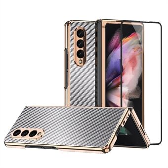 Vakuumbeleggsramme Karbonfibertekstur PU-skinnbelagt PC-veske med skjermfilm for Samsung Galaxy Z Fold3 5G