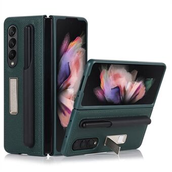 Palm Print ekte skinn + PC-telefonveske Kickstand-deksel med avtakbar pennespor for Samsung Galaxy Z Fold3 5G