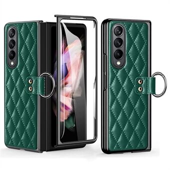 For Samsung Galaxy Z Fold3 5G Rhombus preget ring holder design lærbelagt PC elektroplatering etui med herdet glass skjermbeskyttelsesfilm.