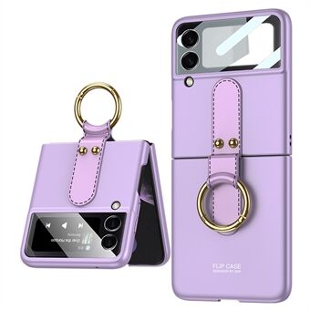 GKK- Ring Stativ Ultratynn PU-skinnbelagt PC-telefon Flip-deksel med herdet glass Kameralinsebeskytterfilm for Samsung Galaxy Z Flip3 5G