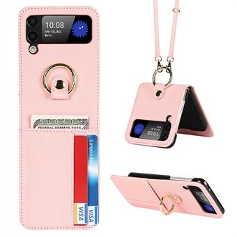 For Samsung Galaxy Z Flip3 5G Lanyard Design Cross Texture Kortholder Lær Telefonveske med Ring Stativ