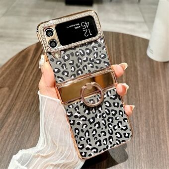 For Samsung Galaxy Z Flip3 5G Etui Leopard Mønster Ring Holder Rhinestone Hard PC Telefondeksel