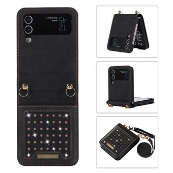 For Samsung Galaxy Z Flip3 5G Rhinestone Decor Lærbelagt PC-veske RFID-blokkerende lommebok telefondeksel med skulderstropp