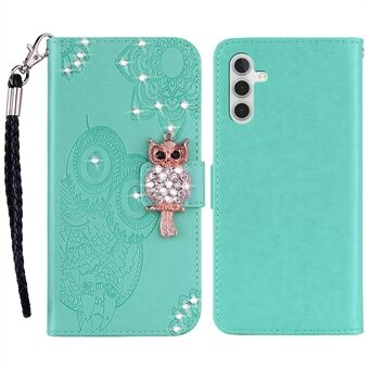 Rhinestone-dekor Flip PU-skinn magnetisk låsveske Stand Ugleblomstpåtrykt skalldeksel med stropp for Samsung Galaxy A13 5G / A04s 4G (164,7 x 76,7 x 9,1 mm)