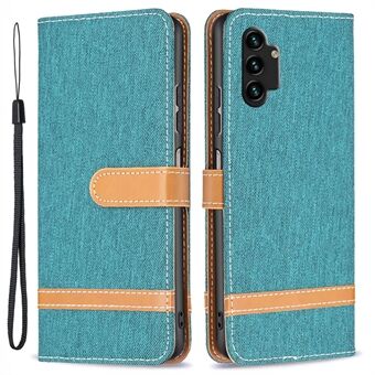 For Samsung Galaxy A13 4G / A13 5G / A04 4G (164,4 x 76,3 x 9,1 mm) Jeans Cloth Texture Myk PU-skinn Fargematchende lommebokdeksel Flip Stand veske med stropp