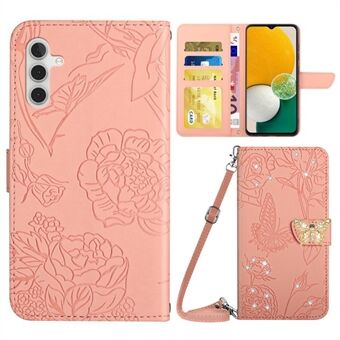 For Samsung Galaxy A13 5G / A04s 4G (164,7 x 76,7 x 9,1 mm) Telefonlommeveske mot fall Butterfly Flowers Preget Rhinestone Decor Telefondeksel Håndfri Stand med skulderstropp