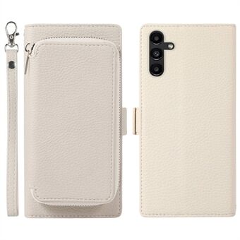 For Samsung Galaxy A13 5G / A04s 4G (164,7 x 76,7 x 9,1 mm) 2-i-1 Litchi Texture Magnetic Zipper Card Bag + PU Leather Full Protection Telefonstativ Stand med håndstropp