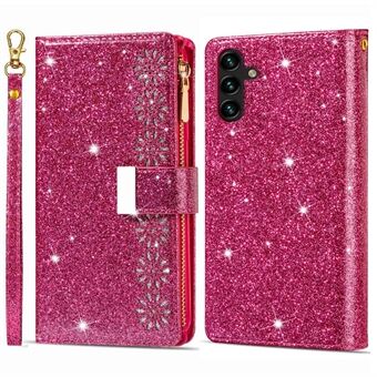 For Samsung Galaxy A13 5G Drop-sikker telefonveske Glidelås Stand PU-skinn Flip Laser Carving Glitrende Starry Style Mobiltelefondeksel med stropp