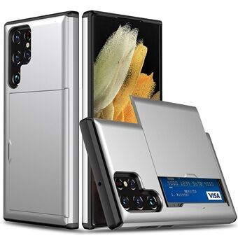 Skyvekortholder Anti-dråpe godt beskyttet glatt PC + TPU Hybrid telefondeksel for Samsung Galaxy S22 Ultra 5G