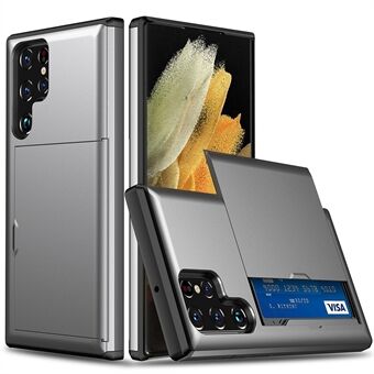 Skyvekortholder Anti-dråpe godt beskyttet glatt PC + TPU Hybrid telefondeksel for Samsung Galaxy S22 Ultra 5G