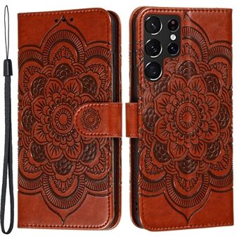 Imprinting Mandala Flower Horisontal Flip PU Lærveske Stand Lommebok telefondeksel med stropp for Samsung Galaxy S22 Ultra 5G