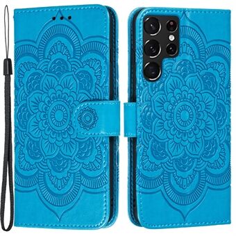 Imprinting Mandala Flower Horisontal Flip PU Lærveske Stand Lommebok Telefondeksel med stropp for Samsung Galaxy S22 Ultra 5G