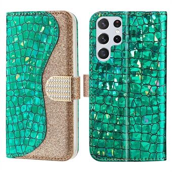 Fasjonabel skjøtekrokodilletekstur glitrende pulver TPU+PU-lommebokveske for Samsung Galaxy S22 Ultra 5G