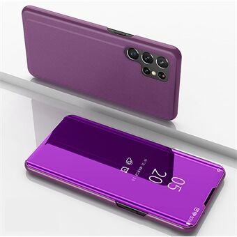 Speiloverflate galvaniseringsdesign PU-skinn+PC Clear View Window Phone Beskyttende dekselveske med Stand for Samsung Galaxy S22 Ultra 5G