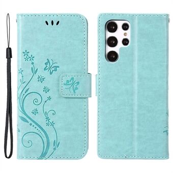 For Samsung Galaxy S22 Ultra 5G Stand Design PU-skinn magnetisk telefonveske Imprint Butterflies Lommebokskall med stropp