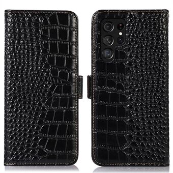 For Samsung Galaxy S22 Ultra 5G Full beskyttelse RFID-blokkering Ekte kuskinn lommebok telefondeksel, krokodille tekstur Stand Magnetic Flip Folio Case