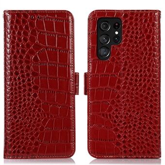 For Samsung Galaxy S22 Ultra 5G Full beskyttelse RFID-blokkering Ekte kuskinn lommebok telefondeksel, krokodille tekstur Stand Magnetic Flip Folio Case