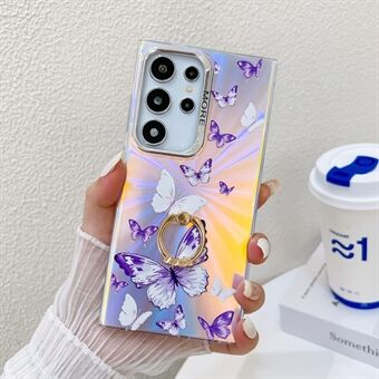 For Samsung Galaxy S22 Ultra 5G-deksel Ring Kickstand Butterfly Pattern Laser Tekstur Telefonomslag