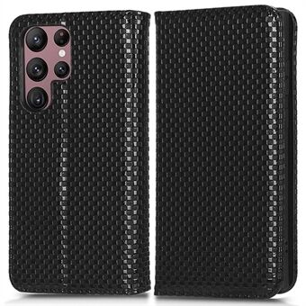 For Samsung Galaxy S22 Ultra 5G Full beskyttelse PU-skinn telefonveske Grid Texture Magnetisk Autoabsorbert telefondeksel med lommebok