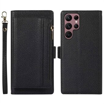 Anti- Scratch telefondeksel for Samsung Galaxy S22 Ultra 5G Litchi Texture PU Leather 2-i-1 magnetisk avtagbar glidelås lomme lommebok Stand med stropp