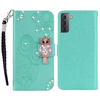 Ugleblomst-påtrykt design PU-skinn Stand Flip-etui med rhinestone-dekor og stropp for Samsung Galaxy S22 5G