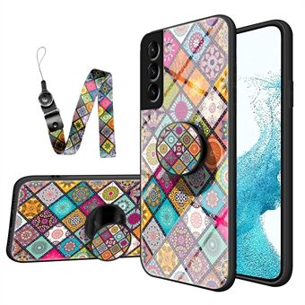 Blomstermønster herdet glass + PC + TPU-telefonhybriddeksel med stativ og snor for Samsung Galaxy S22 5G