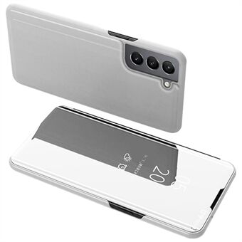 Galvaniseringsspeiloverflate Slank Anti-drop PU-skinn+PC Clear View Window Flip Stand for Samsung Galaxy S22 5G