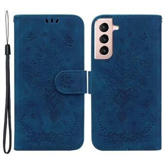 For Samsung Galaxy S22 5G Imprinting Roses Butterflies Pattern Full Protection Telefondeksel Støtsikkert skinn Mobiltelefonveske Slagfast Stand