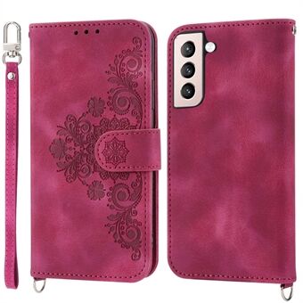 For Samsung Galaxy S22 5G Hudvennlige påtrykte blomster PU-skinn telefonveske Stand Flere kortspor Beskyttende telefondeksel med håndleddsstropp og skulderstropp