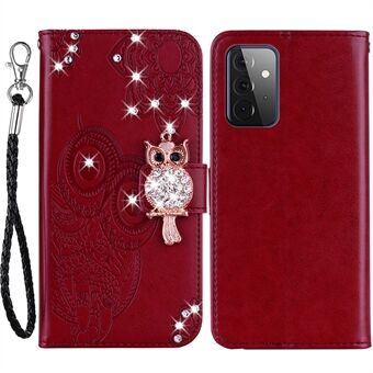 Rhinestone-dekor Flip PU-skinn magnetisk låsveske Stand Ugleblomst-påtrykt skalldeksel med stropp for Samsung Galaxy A33 5G