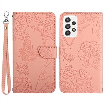 Imprinting Butterfly Flower Skinndeksel for Samsung Galaxy A33 5G, Stand funksjon hudberøringstelefonskall med håndstropp