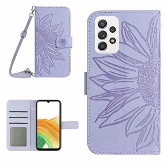 For Samsung Galaxy A33 5G HT04 Sunflower-påtrykt PU-skinnveske Stand Lommebok Telefondeksel med hudberøring med skulderstropp