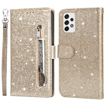 For Samsung Galaxy A53 5G Glitter Paljetter PU-skinn + TPU Full Protection Stand Lommebokveske med glidelåslomme og håndstropp