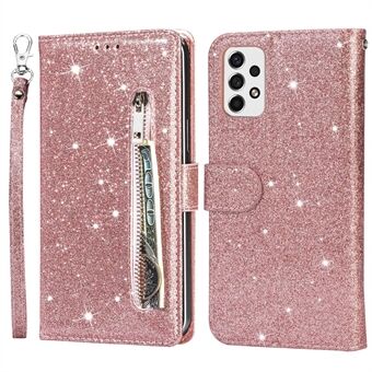 For Samsung Galaxy A53 5G Glitter Paljetter PU-skinn + TPU Full Protection Stand Lommebokveske med glidelåslomme og håndstropp