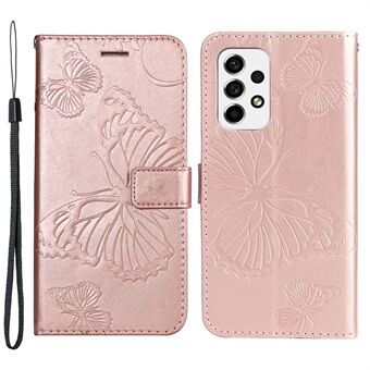 KT Imprinting Flower Series-2 Imprinted Butterfly PU-skinndeksel Folio Flip Wallet Stand Telefonveske med håndleddsstropp for Samsung Galaxy A53 5G