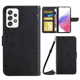 For Samsung Galaxy A53 5G Butterfly Flowers Imprinting PU Leather Phone Shell, Pattern Imprinting Design Håndfri Stand lommebokveske med skulderstropp